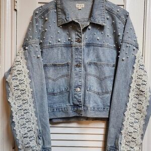 POL Denim Jacket with Pearls and Lace